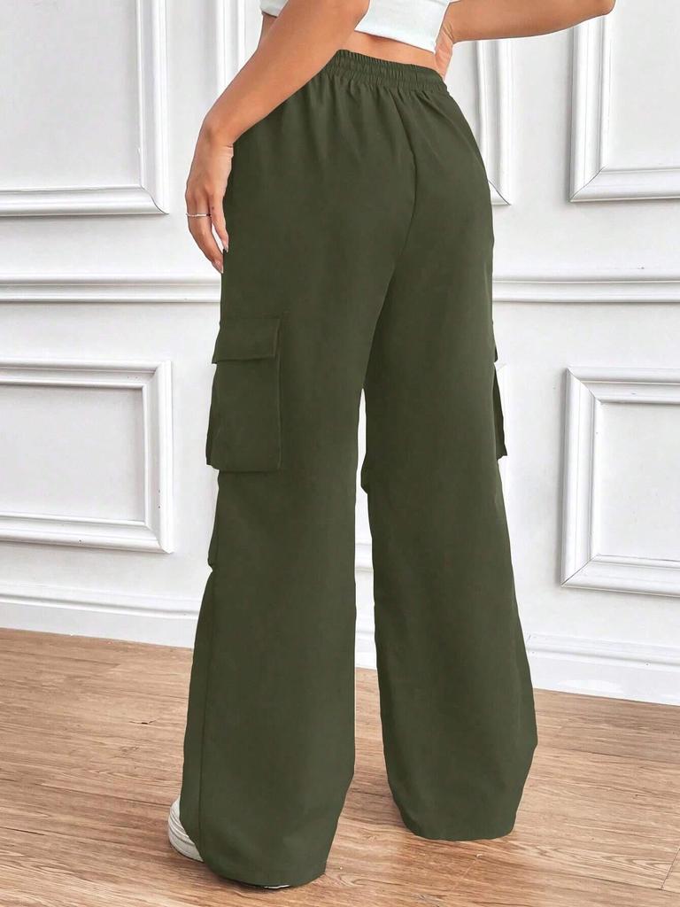 2025 Spring/Fall Elastic Waist Drawstring High-Waist Cargo Pants for Women—Loose Fit, Flap Pockets, Commuter Style.
