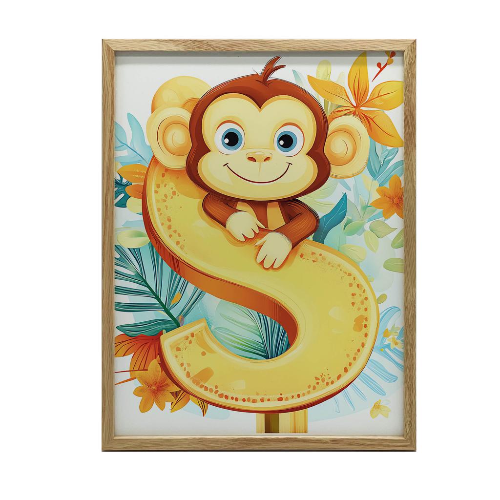 Poster Cheerful Monkey And Letter S Poster Cheerful Monkey And Letter S, 40X50 Cm, Gold Aluminum Frame, 230 Gsm Matte Paper