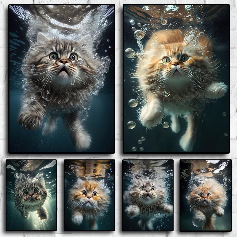 Funny Cute Swimming Cats Pictures For Cat Lovers Room Living Canvas Painting Art Home Wall Decor Print Aesthetics Posters Gift