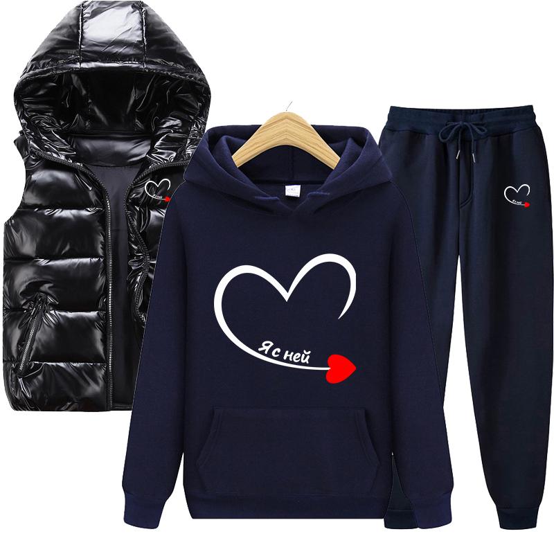 Горячая весна и осень, однотонная толстовка с принтом, комплект из 3 предметов: толстовка для пары + жилет + брюки, спортивная одежда