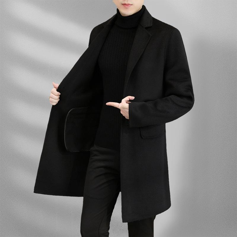 Осенне-зимнее мужское шерстяное пальто средней и длинной длины с воротником-стойкой, сшитое вручную двухстороннее шерстяное пальто, тренчкот, мужское пальто