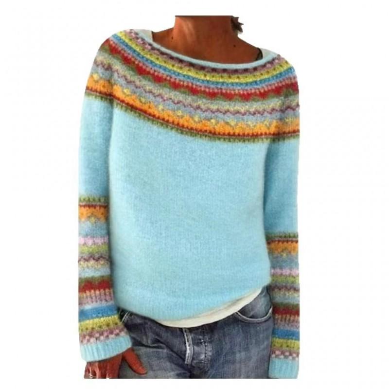 Womens Round Neck Colorblock Loose Knit Sweater With Geometric - Acrylic Long Sleeve Casual Elegant Style