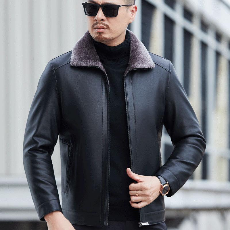 Genuine Leather Down Jacket Men's New Winter Stand-up Collar Plus Velvet Thickened Men's Casual Leather Jacket Jacket for Men