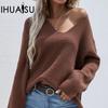 Women's Autumn and Winter Solid Colour Knit Sweater Pullover Loose Large Size Temperament Commuter V-neck Jumper