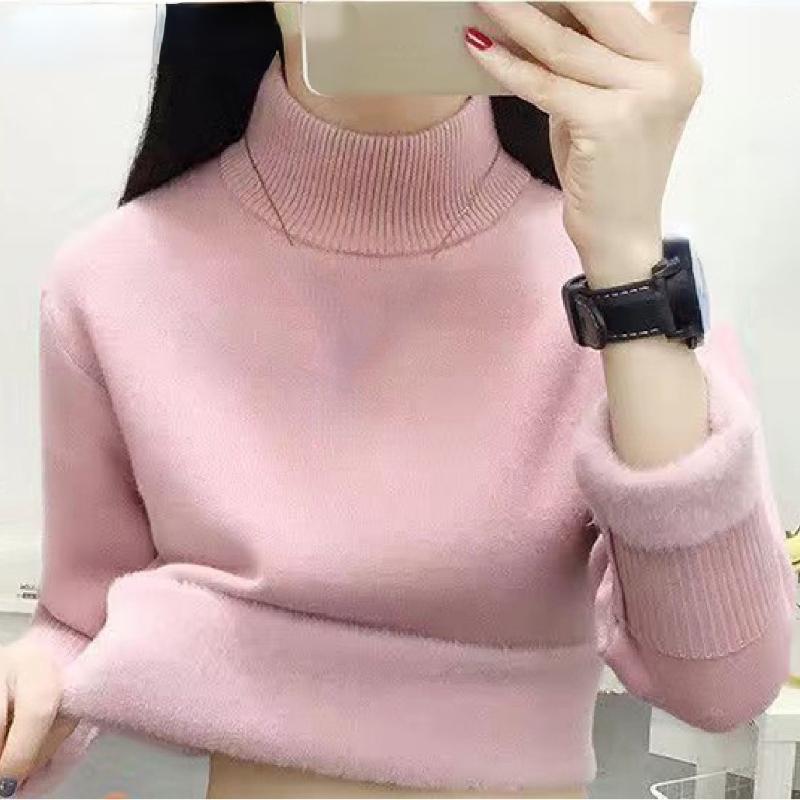 Корейский теплый свитер, пуловер, женский зимний тонкий утепленный плюшевый трикотаж на бархатной подкладке, джемпер, полуводолазка, поляры, мягкие вязаные топы