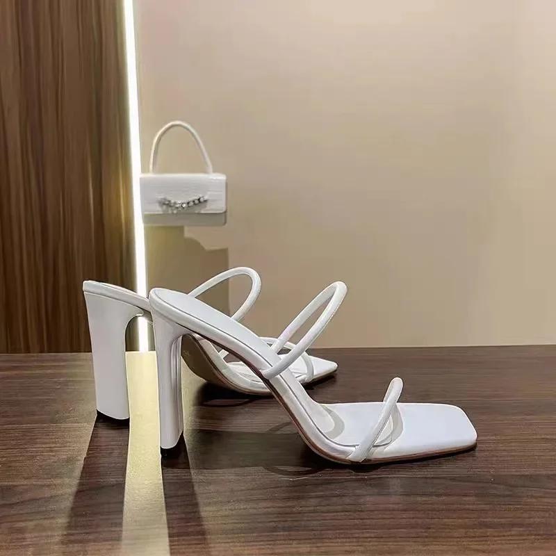 Туфли на высоком каблуке для женщин, новые женские туфли, летние туфли с квадратной головкой, одна линия, классные тапочки, тапочки на толстом каблуке