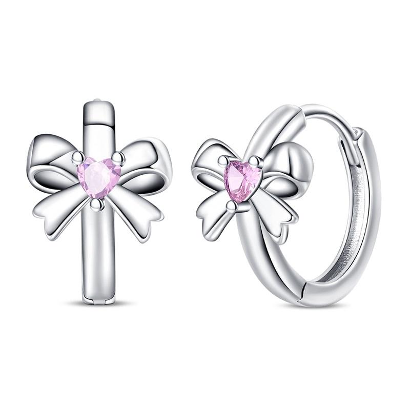 Новые медные серьги-пусеты в виде розовых бантиков с блестками и серьги-кольца с подвесками-паве для девочки, милые романтические украшения в подарок