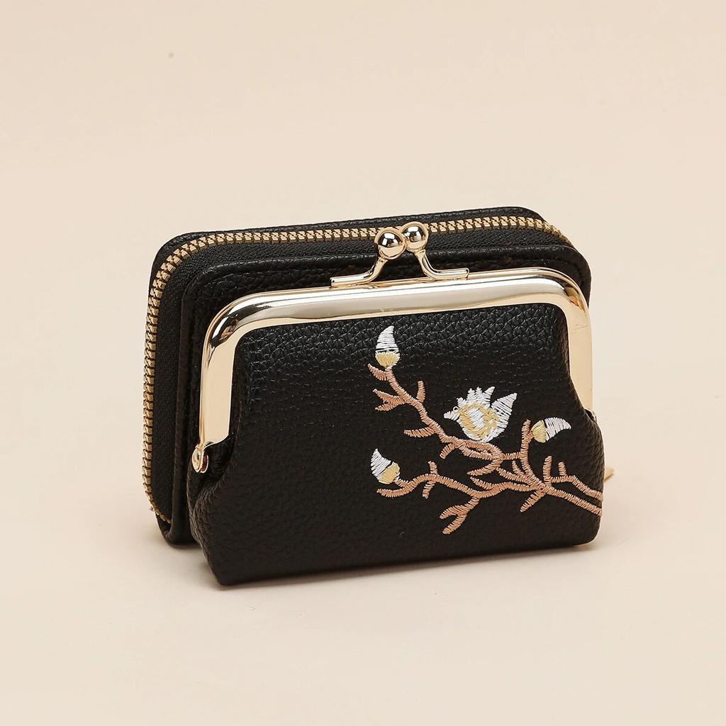 Graphic Flower Embroidered Short Wallet Kiss Lock Zipper Clutch Purse  Faux Leather Coin Purse