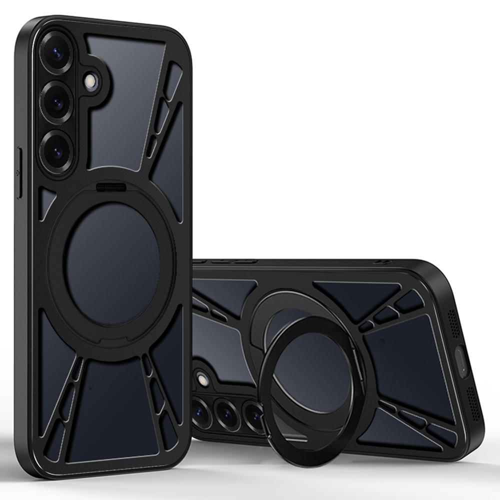 Чехол для Samsung Galaxy S25 с магнитной подставкой, полый для отвода тепла, силикон+ПК+металлический бампер, чехол для телефона