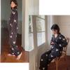 Пижамный комплект из ледяного шелка с принтом, женский корейский винтажный шикарный повседневная домашняя одежда, брючный костюм на пуговицах с длинными рукавами
