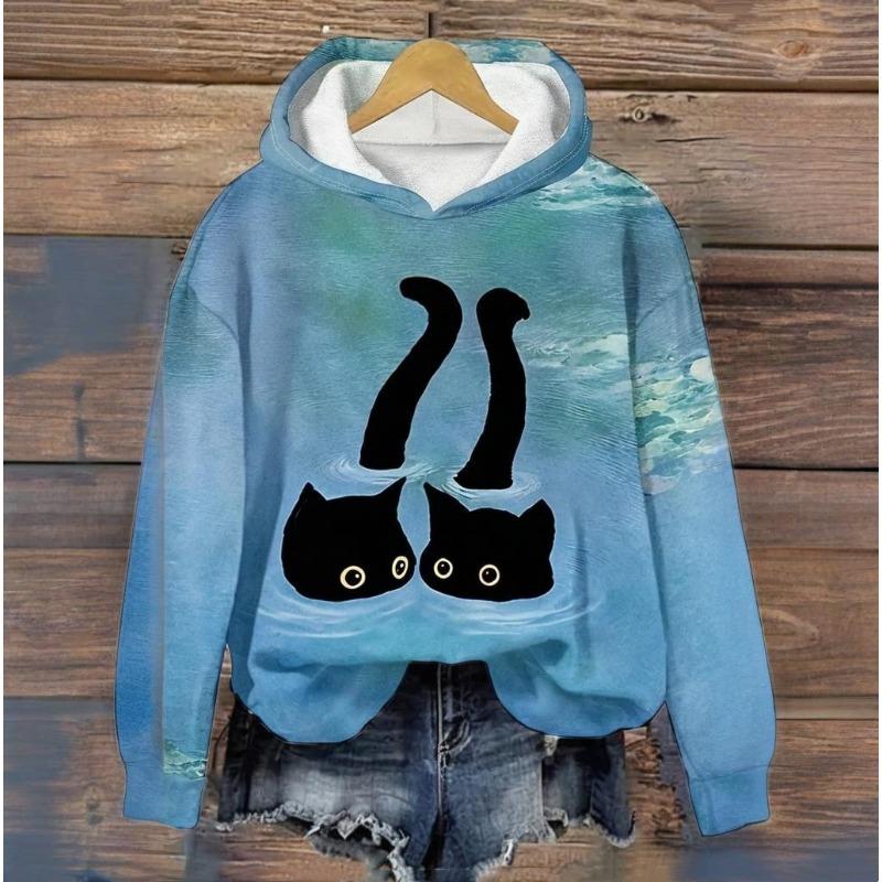 Милая кошечка женская толстовка с капюшоном для осени/зимы женская одежда Harajuku Kawaii Animal Print Long Sleeves Sweatshirt Fashion Casual Top