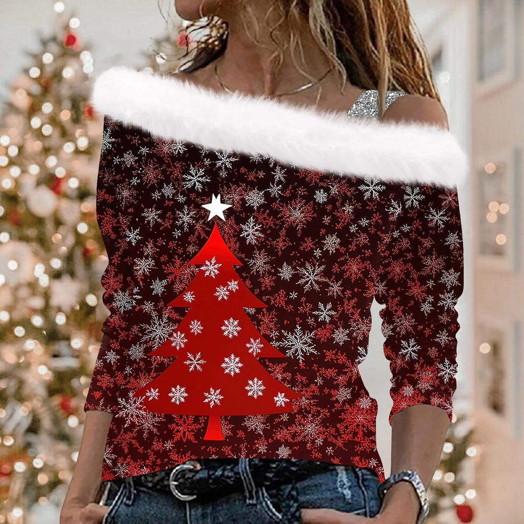 Женские топы с длинным рукавом, модные женские свободные пуловеры с рождественским принтом и открытыми плечами
