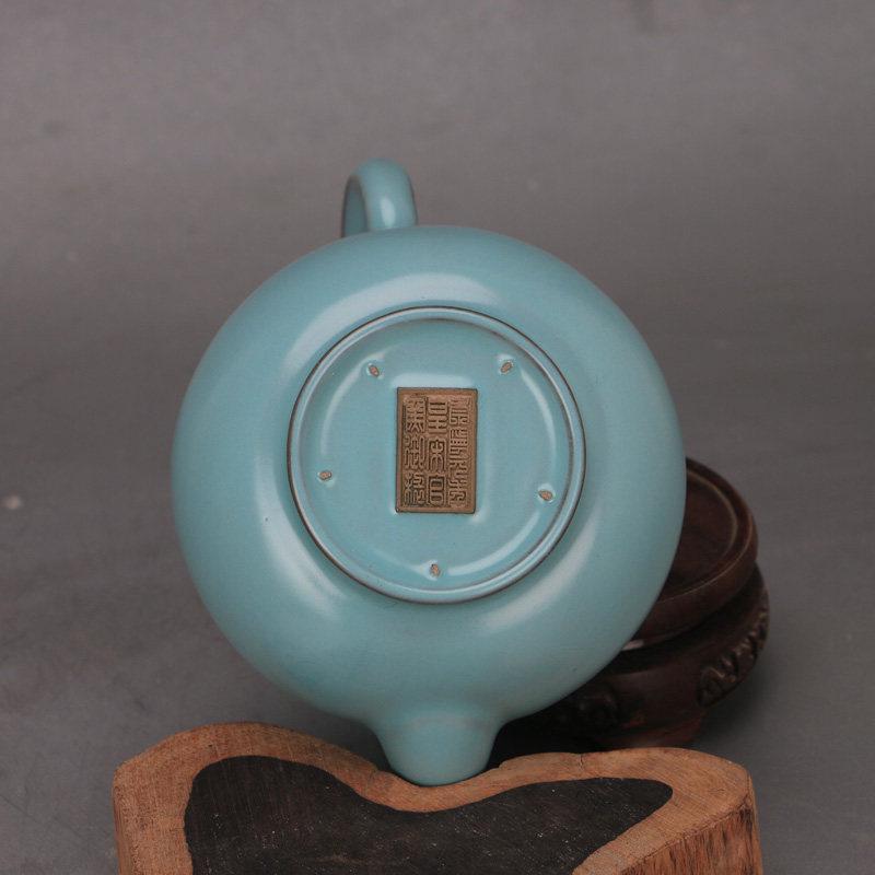 Ru Kiln Blue Glaze Dragon Handle Kettle: Song Dynasty-Style Porcelain Antique Ornament.