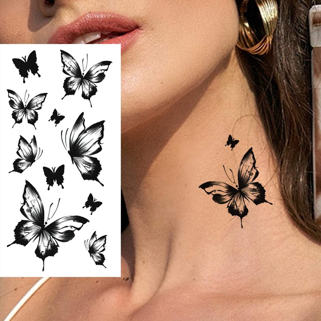 1 Sheet Black Butterfly Temporary Tattoos For Women Adults Fake Water Transfer Letter Tattoo Sticker Neck Hands