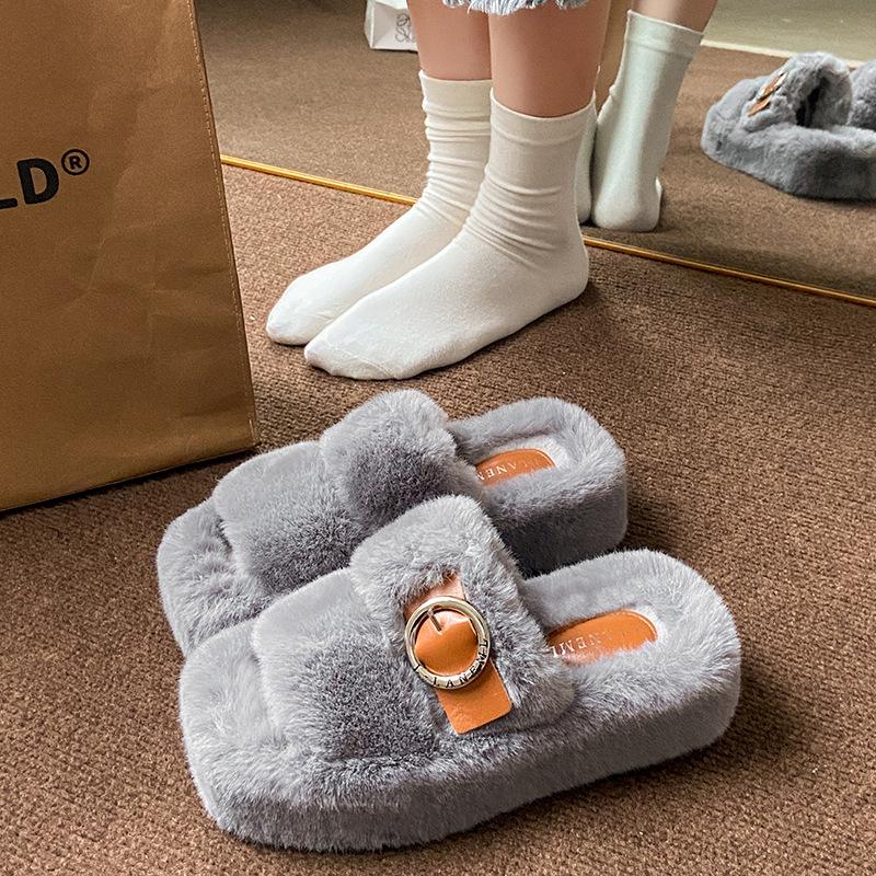 Осенние и зимние тапочки с квадратной головкой из меха, пряжка для ремня, модное утолщение, подчеркивающее внешний вид дома снаружи, теплые тапочки