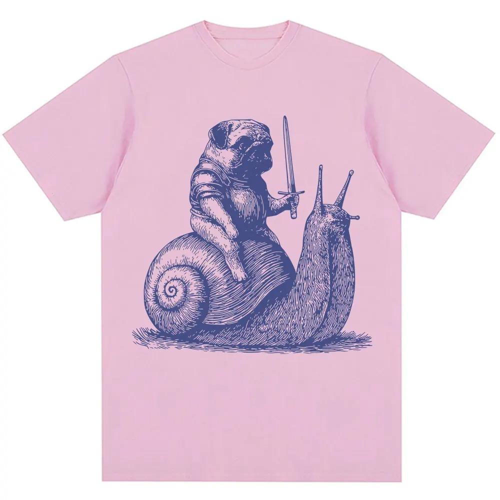 Funny Medieval Pug Knight Riding Snail Meme Graphic TShirt Unisex 90s Vintage Trendy Oversized 100 Cotton Casual Tshirts