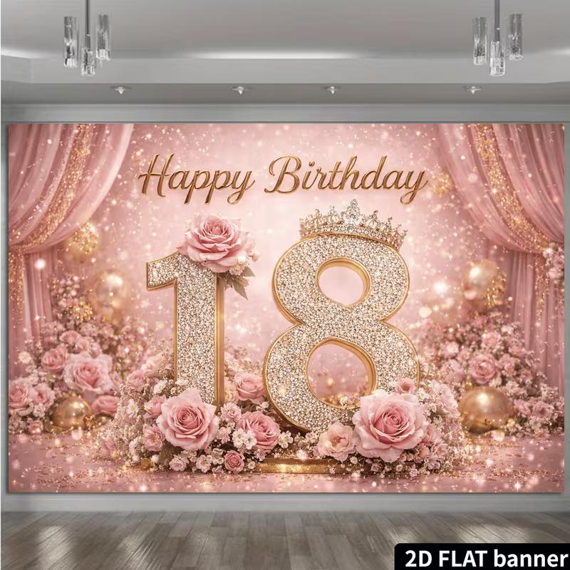 2D Flat Pink Gold 18th Birthday Banner Glitter & Floral Themed Backdrop for Adult Birthday Celebration