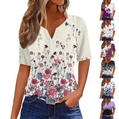 Футболки для женщин, плиссированные, с V-образным вырезом, нарядные, повседневные блузки с принтом, короткие рукава, летние топы, свободный крой