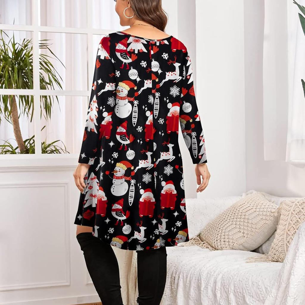 Весенне-осенние модные рождественские платья с мультяшным принтом, женское платье среднего размера с рукавами среднего размера