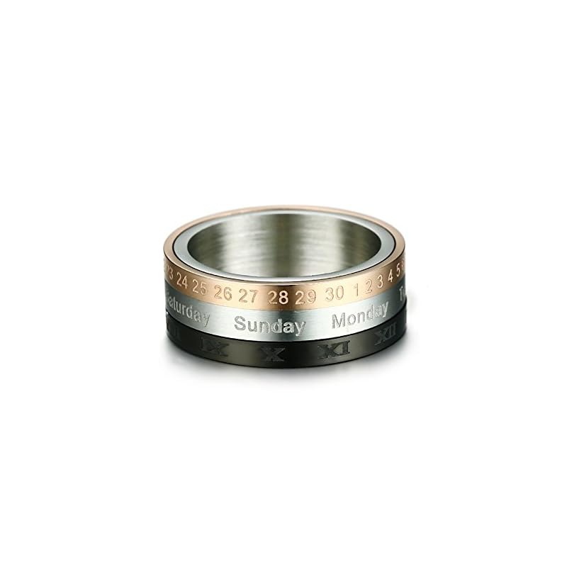 Rockyu brand ring men's Fashionable silver pink gold black Triple rotation ring No. 14 stainless engraved ring fashion accessories
