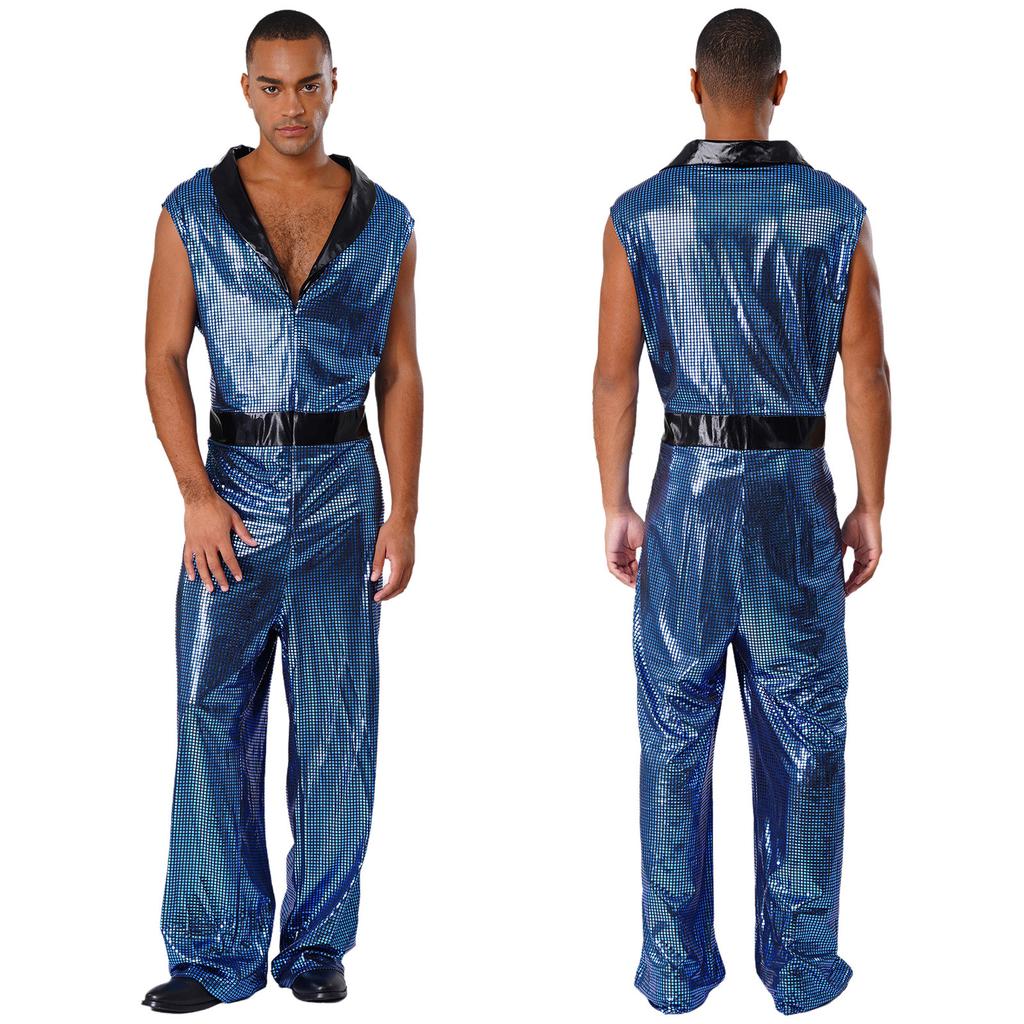 Retro 1920s Disco Outfit for Men M-3XL Metallic Shiny Plaid V Neck Lapel Sleeveless Wide Leg Jumpsuit for Club Rave Stage