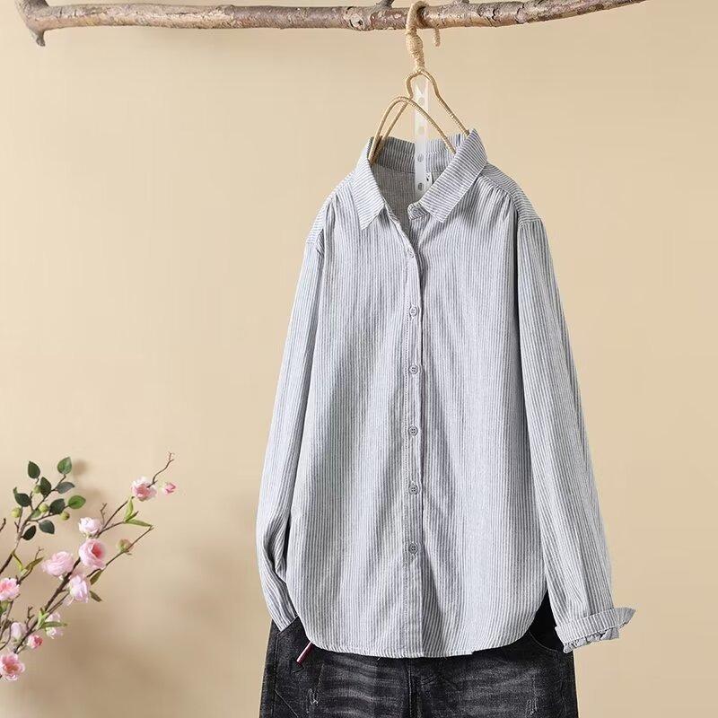 Рубашка в полоску из чистого хлопка в стиле ретро, женская двухслойная рубашка из хлопчатобумажной марли с длинными рукавами, универсальная рубашка на весну и осень, блузки и рубашки