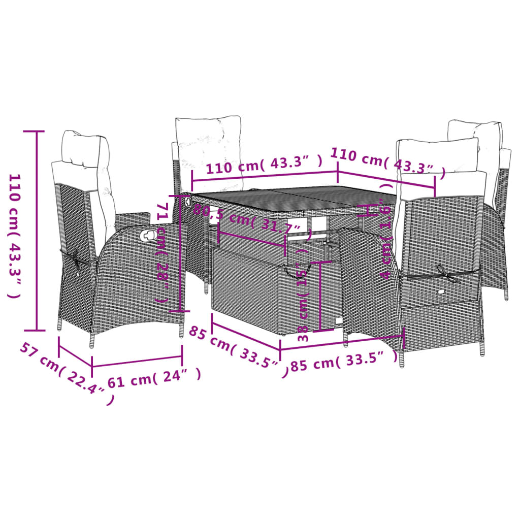 5 Piece Garden Dining Set with Cushions Beige Poly Rattan