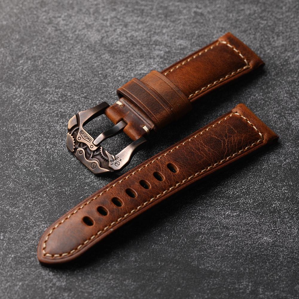 Head Layer Cowhide Strap, 22 24 26MM Adaptable Bronze Watch Men Vintage Mechanical Bronze Buckle, Watch Accessories Men Bracelet