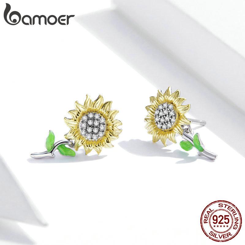 Женские серьги-гвоздики BAMOER из стерлингового серебра 925 пробы с подсолнухом, ювелирные изделия