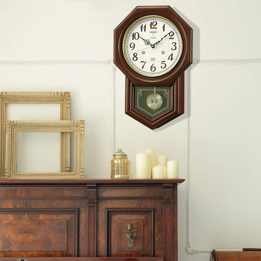 Seiko Clock Wall Clock Radio Analog Time Selectable Chime Strike Decorative Pendulum Octagonal Long Wooden Frame Dark Brown Wood RQ205B &