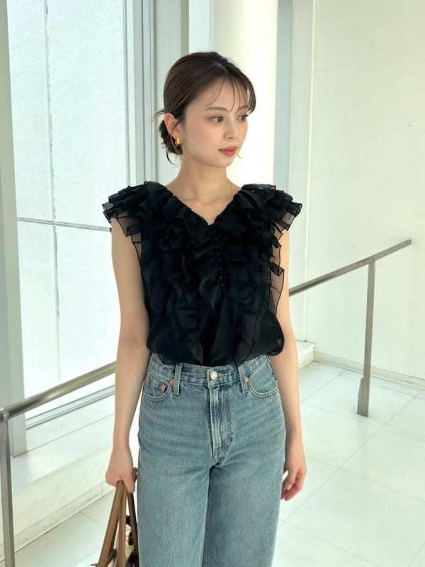 Snidel Блузка без рукавов с оборками Черная Женская SWFB252008,