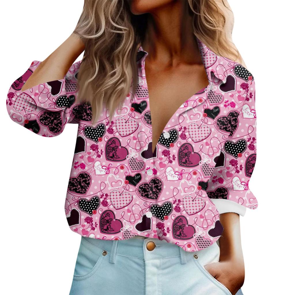 Женская рубашка-блузка с принтом на пуговицах ко Дню Святого Валентина и длинным рукавом, повседневная базовая рубашка с воротником, обычный топ