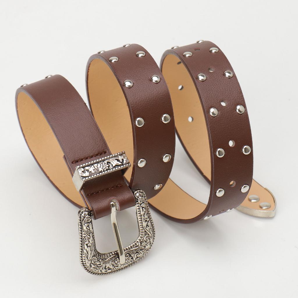 Retro Studded Belt for Women, Engraved Buckle PU Leather Jeans Belt, Vintage Punk Waist Belt, Fashion Casual Decorative Belt