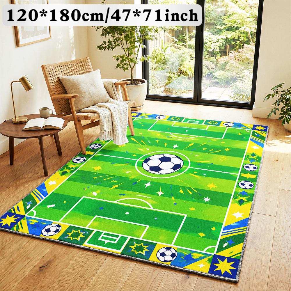 VIKAMA Kids Football Play Large Rug Soccer Field Ball Star Burst Print Non‑Slip Washable Soft Floor Mat Indoor Play Area Home