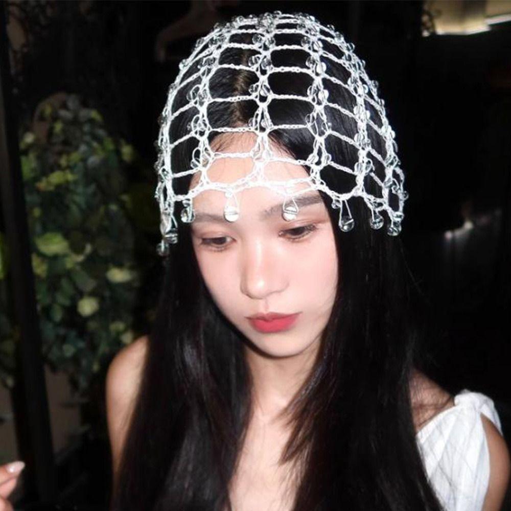 Handmade Chain Beaded Hats Punk Y2K Tassel Hollow out Cap New Versatile Beanies Head Cover