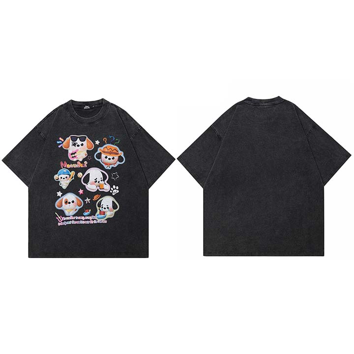 Hip Hop Retro Washed Black TShirt Streetwear Cartoon Dogs Graphic T Shirt Cotton Harajuku Unisex Tshirt Men Tops Tee YK