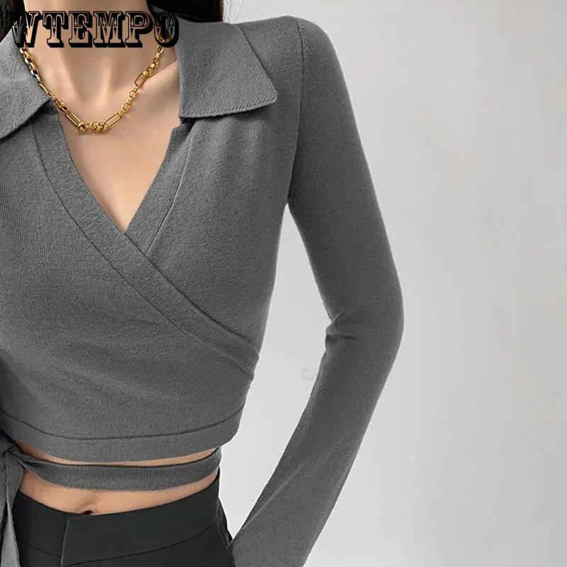 WTEMPO Рубашки-поло с перекрестной повязкой на талии для девочек, женские укороченные топы Y2K, женские весенне-осенние футболки с v-образным вырезом для фитнеса