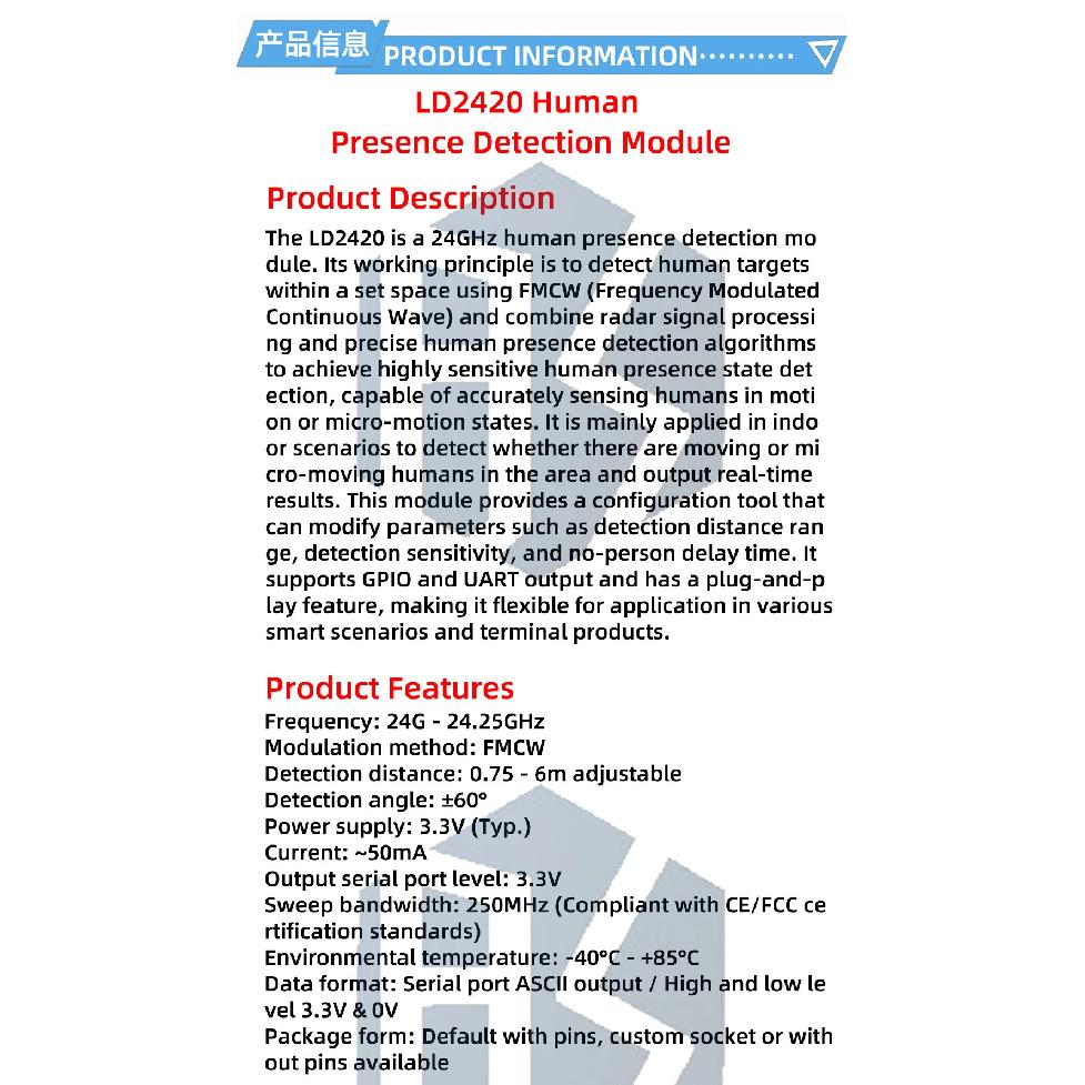 Intelligent Human Body Micro-Motion Detection Sensor: LD2402/LD2420 24GHz Millimeter Wave, ISM Band, High Sensitivity & Low Powe