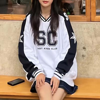 Пуловер с длинными рукавами и V-образным вырезом в европейском и американском стиле для девушек, универсальный топ в стиле хип-хоп с буквенно-цифровым принтом