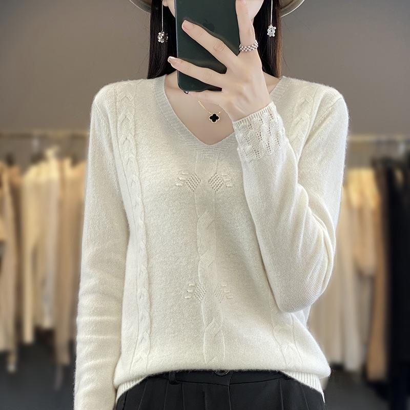 INDFS Женская мода Повседневный Осень Зима Однотонный Принт Длинный Рукав V-образный Вырез Свитера