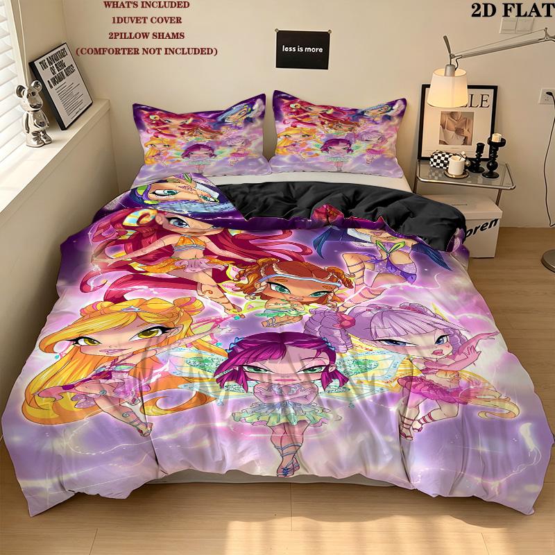 Winx Club Pattern Bedding Quilt Set Quilt Cover Pillowcase Home Birthday Gift(1 * duvet cover + 2 * pillowcase, without core)