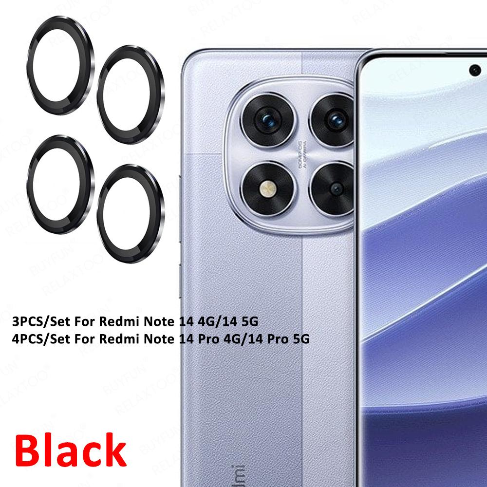 Черное металлическое кольцо + закаленное стекло, прозрачное стекло, защитная пленка для камеры HD для Redmi Note 14 4G 5G Note 13 14 Pro 4G 5G Note 13 14 Pro+ 5G