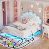 140x200cm Flat Double Bed, Crown-Shaped Princess Bed, Soft Upholstery Made of Faux Leather, Adjustable LED Ambient Light Strip, White