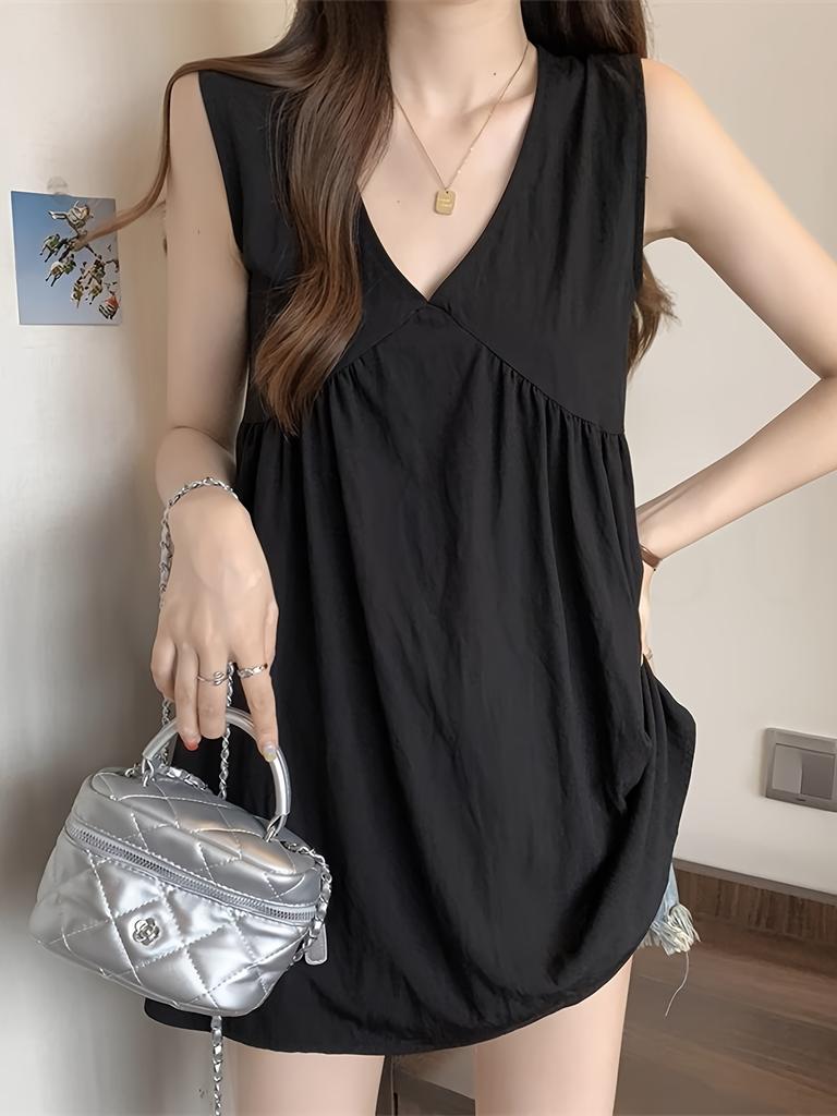 Black Solid Long Camisole Top With V-Neck A-Line Loose For Casual Spring