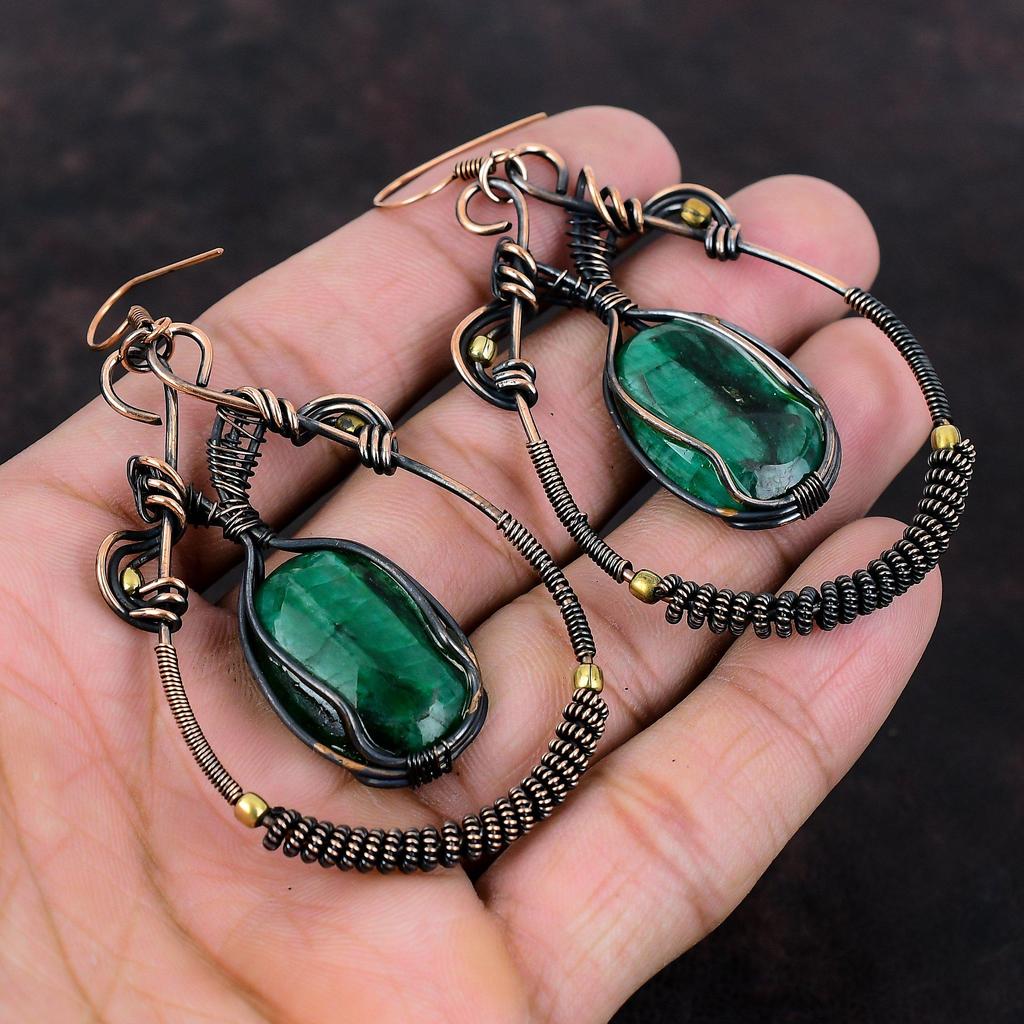 Граненые серьги с замбийским изумрудом, серьги из медной проволоки, стильные серьги, драгоценные камни, медные украшения, свадебный подарок, антикварные серьги ручной работы