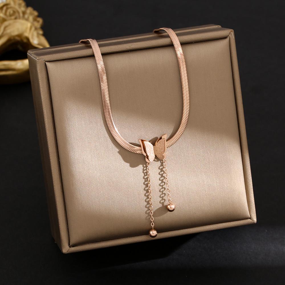 Korean Butterfly Tassel Luxury Diamond Titanium Steel Necklace - Women's Versatile Clavicle Jewelry