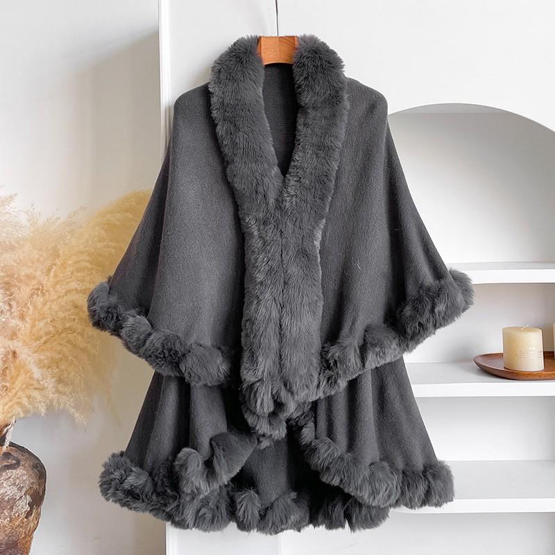 Womens Winter Faux Rabbit Fur Collar Double-layer Cashmere Cape Plus Size Knit Cardigan Coat