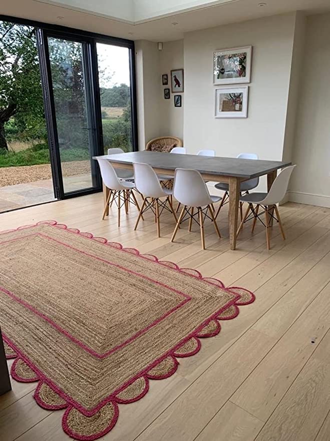 Red Border Jute Rugs, Scallop Boho Decor Handmade Rectangle Jute Rug