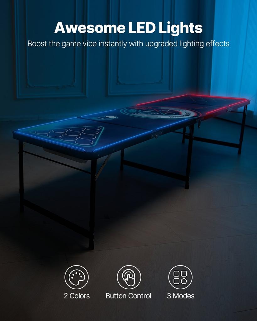 2.4 m Portable Beer Pong Table, LED Lights, Foldable Tailgate Table with Carrying Handles and 6 Pong Balls, Adjustable Height, Lightweight Table for