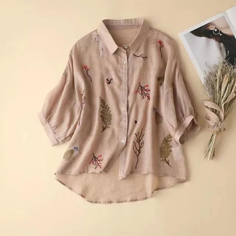 Women's Summer Seven-quarter Sleeve Cotton Embroidery Shirt Loose Literary Thin Blouse